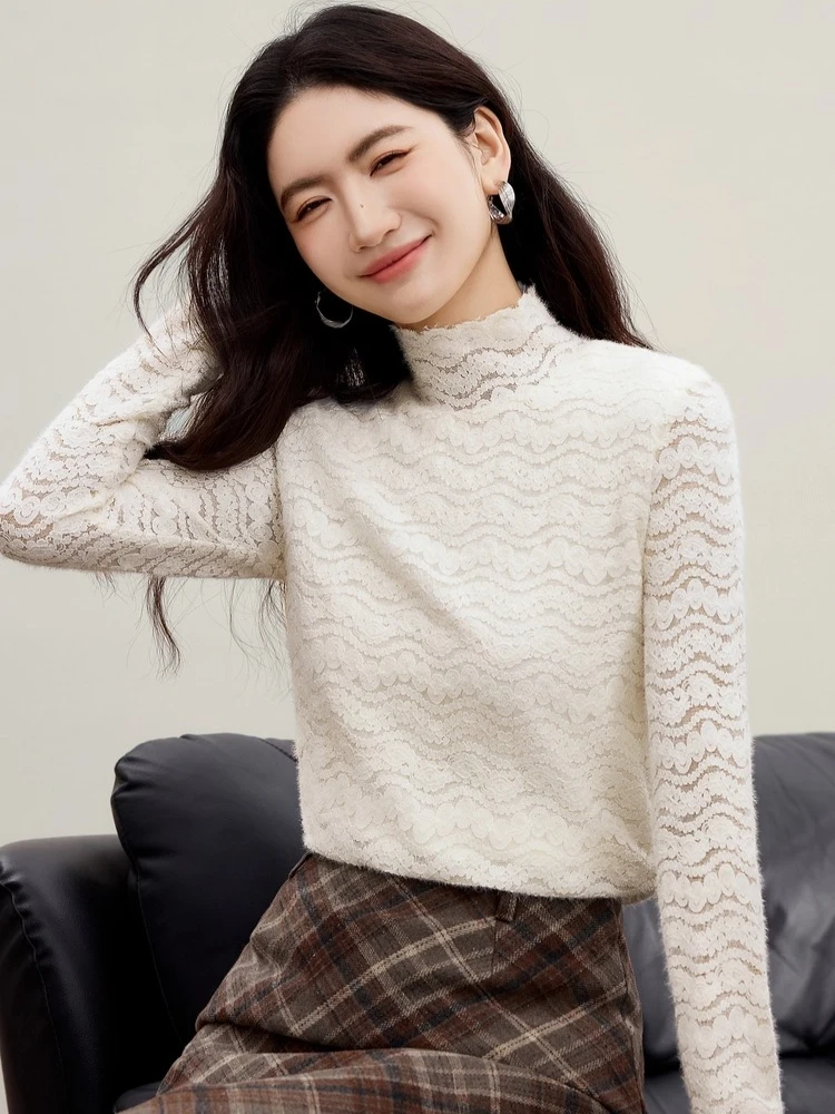 SENTUBILA Damska bluzka z długim rękawem 2025 Jesień Koronkowa bluzka z golfem Jednolita ażurowa dopasowana odzież damska Elegancka bluzka 153SA3129