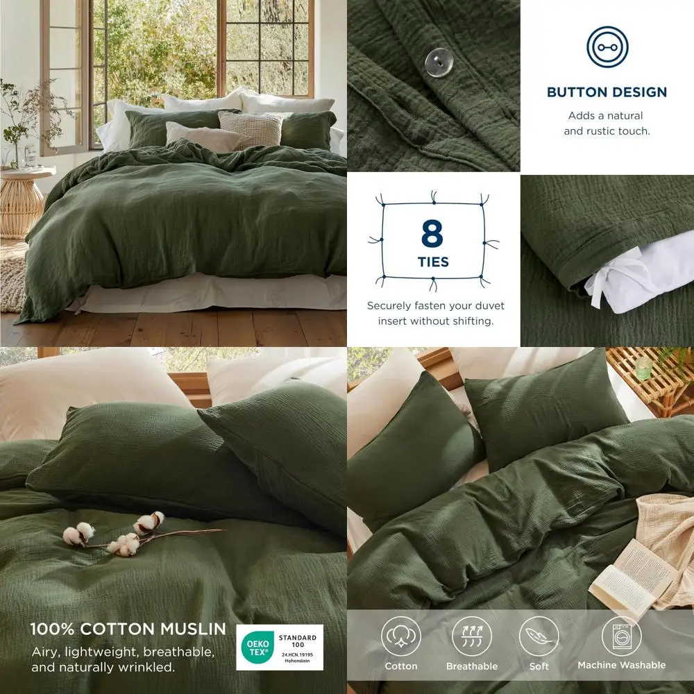 

100% хлопок, муслиновый пододеяльник Queen — ультрамягкий, дышащий, легкий льняной марлевый комплект пододеяльников для улучшенного сна