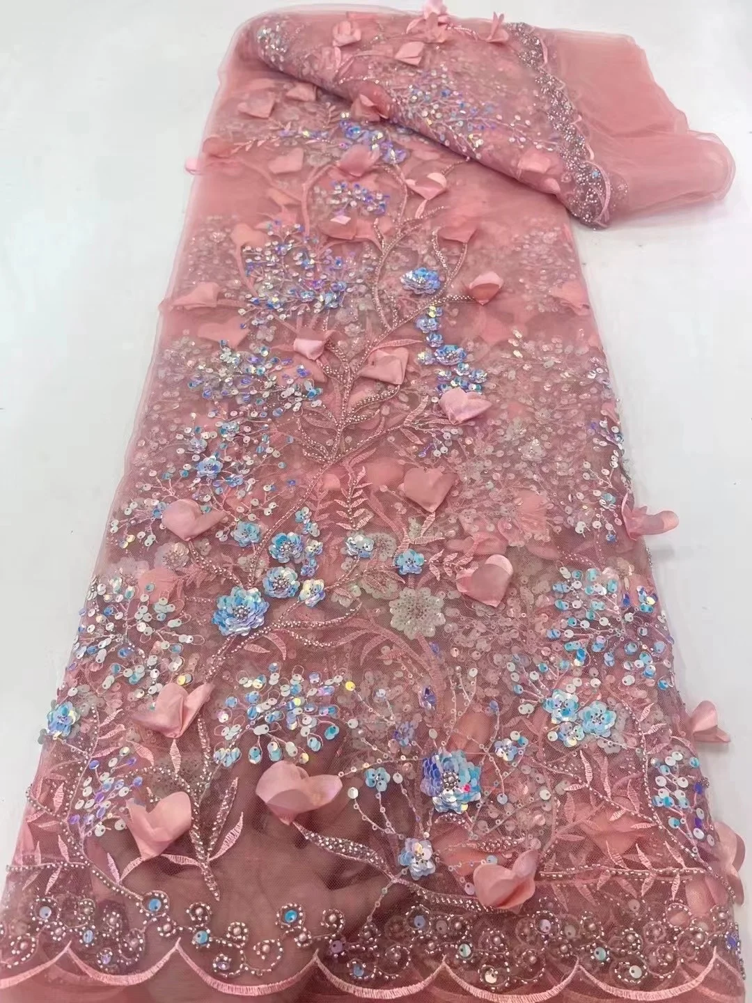 

African Organza Lace Fabric 2024 High Quality French 3d Flower Luxury Beads Lace Nigerian Sequins Tulle Lace Fabric For Wedding