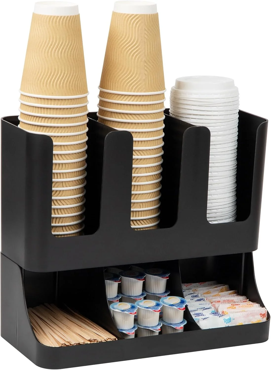 13 Inch Countertop Coffee Bar Organizer with 6 Compartments, Storage Caddy for Cups, Lids and Packets, Plastic, Black