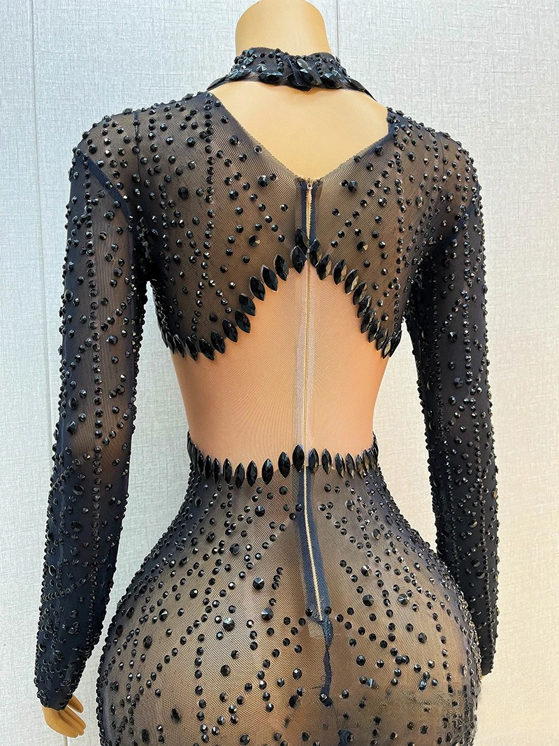 Zware industrie met diamanten ingelegde zwarte temperament taille body beeldhouwen sexy avondjurk bedrijf jaarlijkse bijeenkomst avondjurk