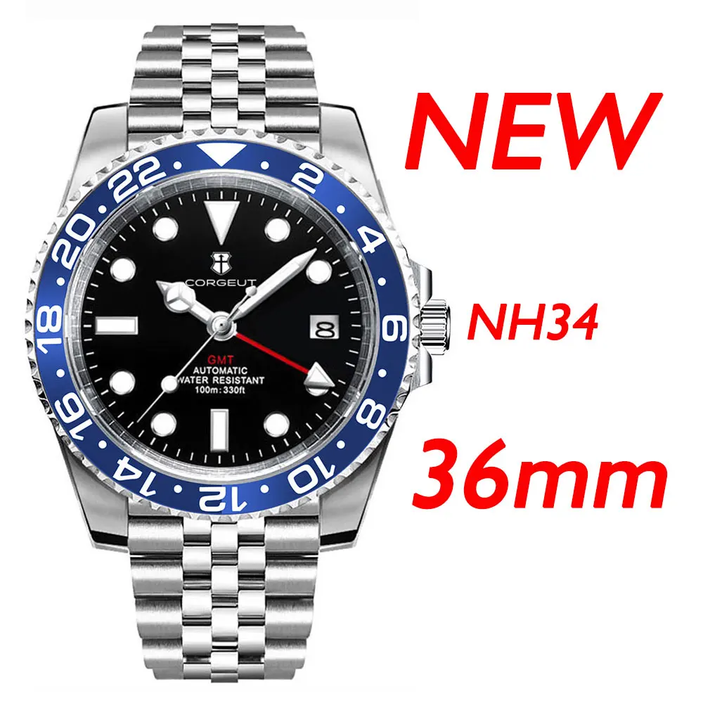 Relógio de movimento luminoso verde automático masculino, Sapphire Crystal, mostrador estéril, Japão NH34, 36mm