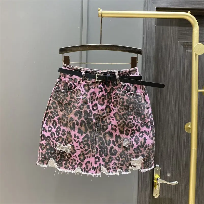 [oein] 2024 Summer Korean Fashion Leopard Pattern Perforated Denim Skirt Women's High Waist Slim Wrapped Hip A-line Short Skirt