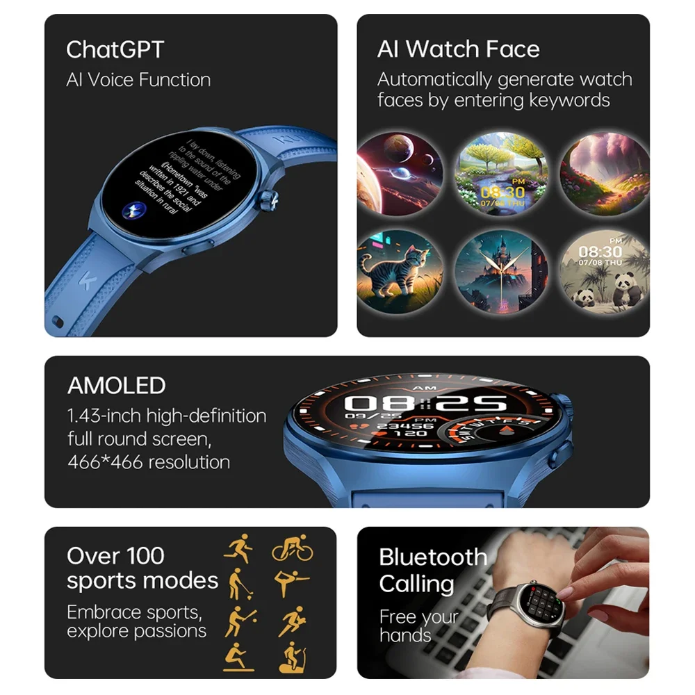 KUMI GW6 1.43" AMOLED screen Bluetooth call IP68 Waterproof NFC 100+ Sport Heart Rate Blood Pressure Oxygen Monitor smart watch