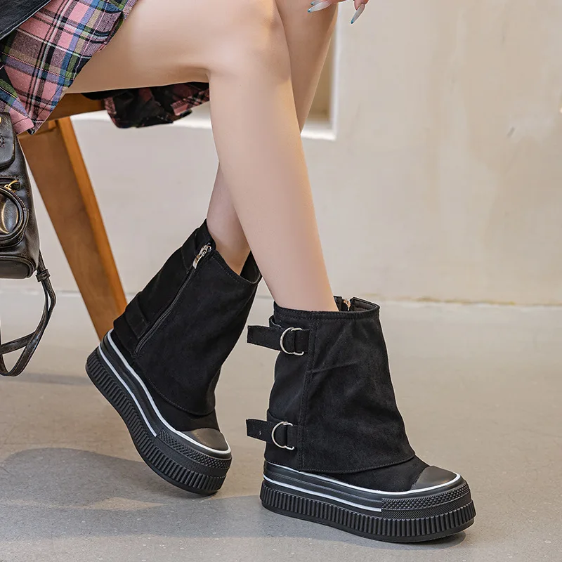 Fashion Women's Slip On Boots Casual Short Vintage Platform Walking Suede Leather Winter Shoes Ladies Ankle Booties 2026