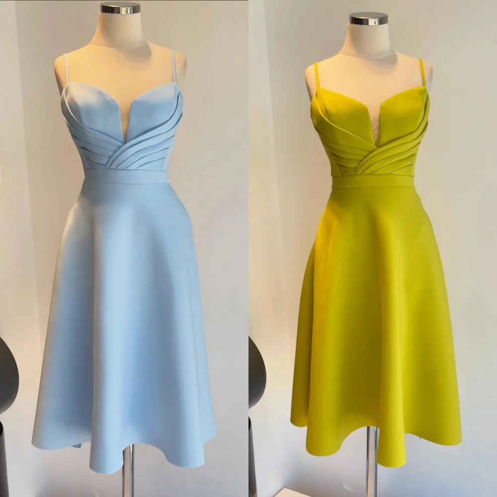 Customized Simple High Quality Jersey Pleat Draped A-line Spaghetti strap Midi Dresses Bespoke Occasion Dresses Modern Style