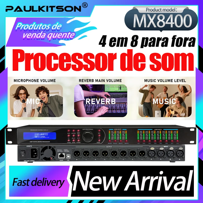 Processador de Áudio Profissional Paulkitson MX8400 para Gerenciamento de Caixas Acústicas, Processador de Áudio DPS/48kHz de 32 bits, 4 Entradas e 8 Saídas para Palco