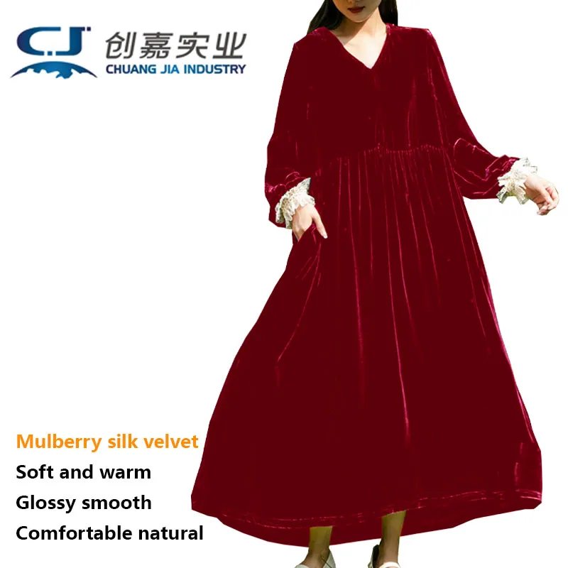 Mulberry Silk Velvet Spring Autumn Women's Long-sleeved Ruffled Edge V-neck Dress Soft Dark Green Large Swing Waist Long Skirt