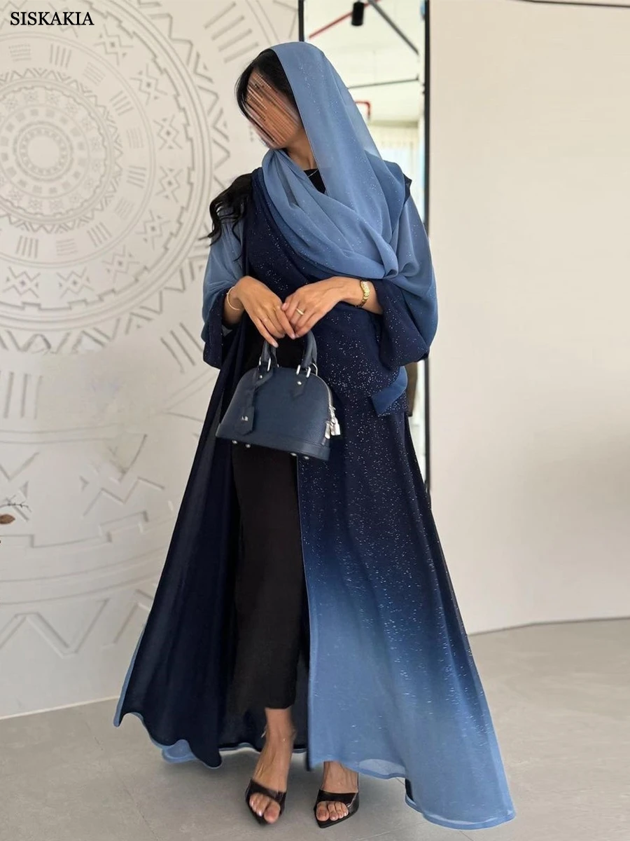 Siskakia Fashion Chiffon Gleam Shiny Gradient Long Sleeve Open Abaya Caftan Marocain Femme Saudi Luxury Woman Evening Dress