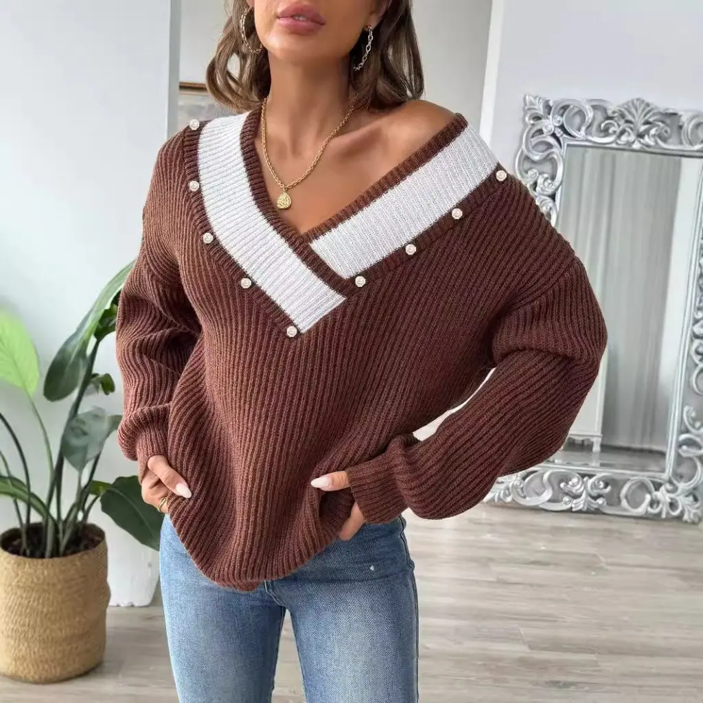 

Women's Large V-neck Pullover Sweater Pearl Beaded Top with Contrast Stitching European And American Style Loose Woven Fashion