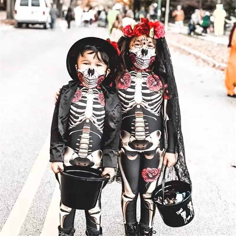 Rose Skeleton Jumpsuit Halloween Cosplay Costumes for Girls Bodycon Zentai Carnival Party Skull Costume Full Seleeve Horror