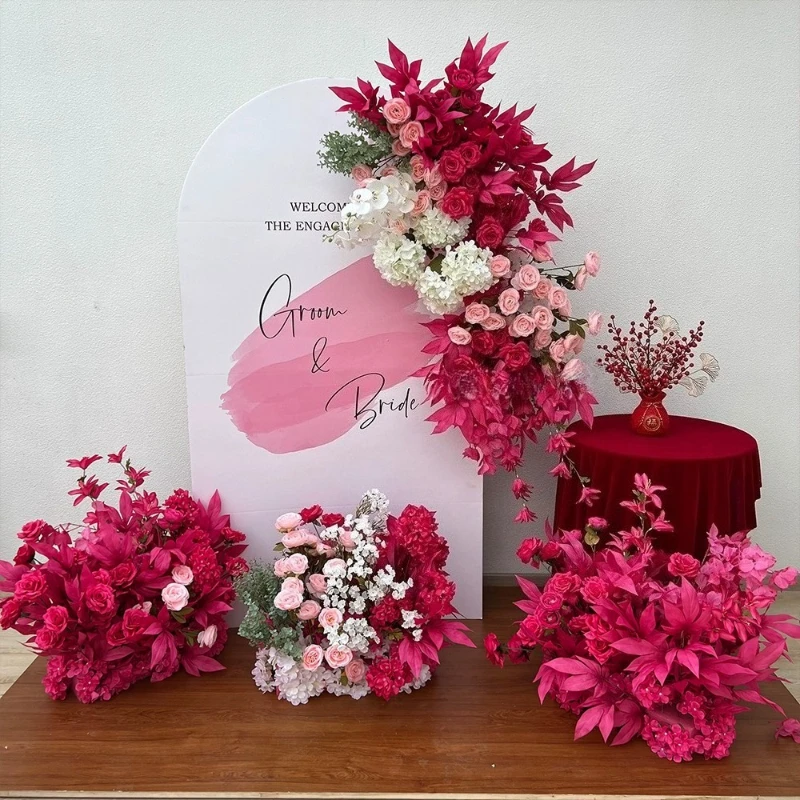 

Wedding engagement banquet simulation flower rose arrangement wedding welcome card kt board fake silk flower decoration