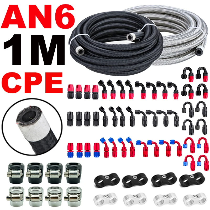 

1M/3.28FT AN6 6AN Fuel Hose Oil Gas Line Cooler Pipe Tube Nylon Stainless Steel Braided CPE Rubber End Fittings Clamps Separator