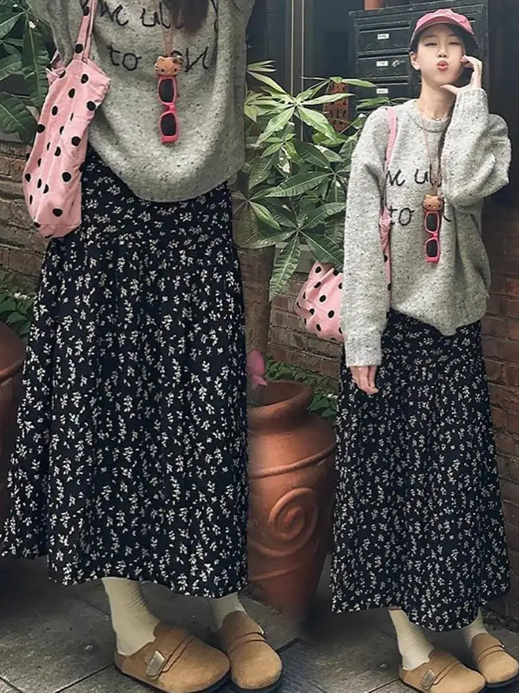 

Summer Floral Print High Waist A-Line Midi Skirt Women's Sweet Sle Long Skirt Teana Snow Korean Version Casual Print Dr