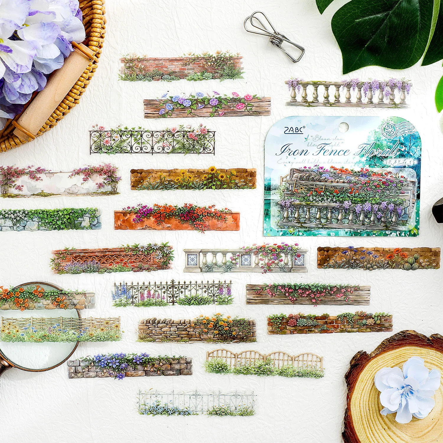 20pcs Retro Flower Landscape Series PET Sticker Pack Garden Wall Die Cut Stickers, Suitable for Diary Planners DIY Decorative St