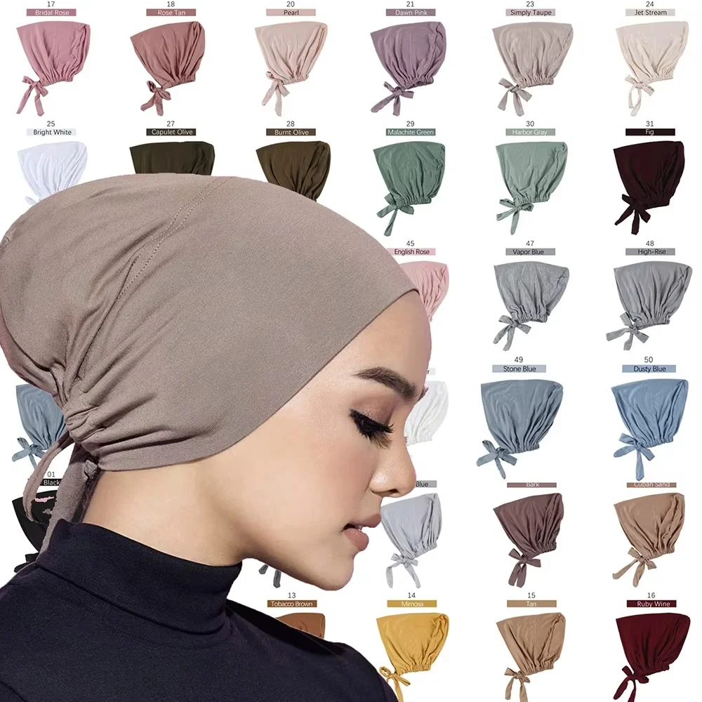 Criss Cross Modal Muslim Woman Turban Solid Color Stretch Inner Hijab Caps Ready To Wear Women Head Scarf Tie Back Under Bonnet