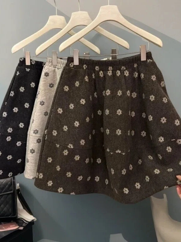 

Korean Sle Floral Woolen Bouffant f Skirt Women's Winter Thiening Slimming ort Size A-Line Skirt Commute Wear