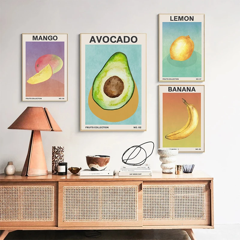 Retro Style Vegetables and Fruits Mango Poster Avocado Pumpkin Lemon Prints Canvas Painting Wall Art Pictures Kitchen Home Decor