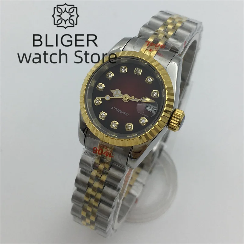 BLIGER 26mm Silver Gold Luxury Mechanical Watch For Ladies NH05 Movement Red dial Diamond Index Date Sapphire Glass Ladies watch