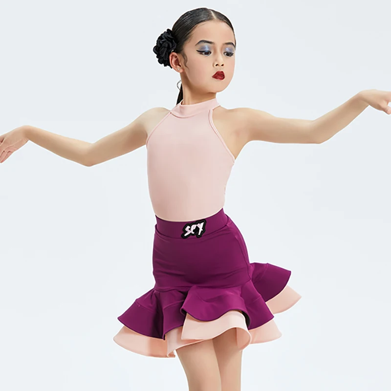 Body senza maniche per danza latina per bambina e gonna a lisca di pesce, costume da ballo per sala da ballo, rumba, abbigliamento da ballo