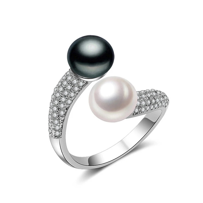 YouNoble Natural Cultured Sterling Silver Pearl Ring Women,White Double Adjustable Ring With Pearl Wife Mother Birthday Gift