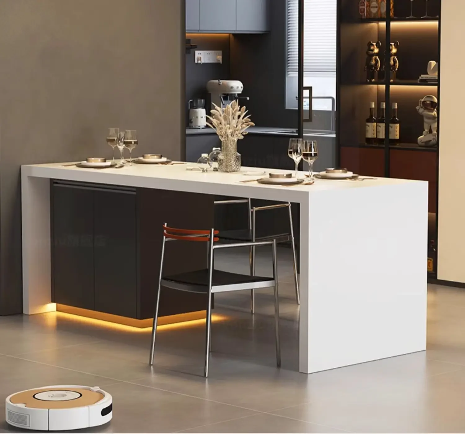 Flush island, dining table, integrated small apartment, household narrow pinch table, Italian kitchen, rock slab, guide table, m