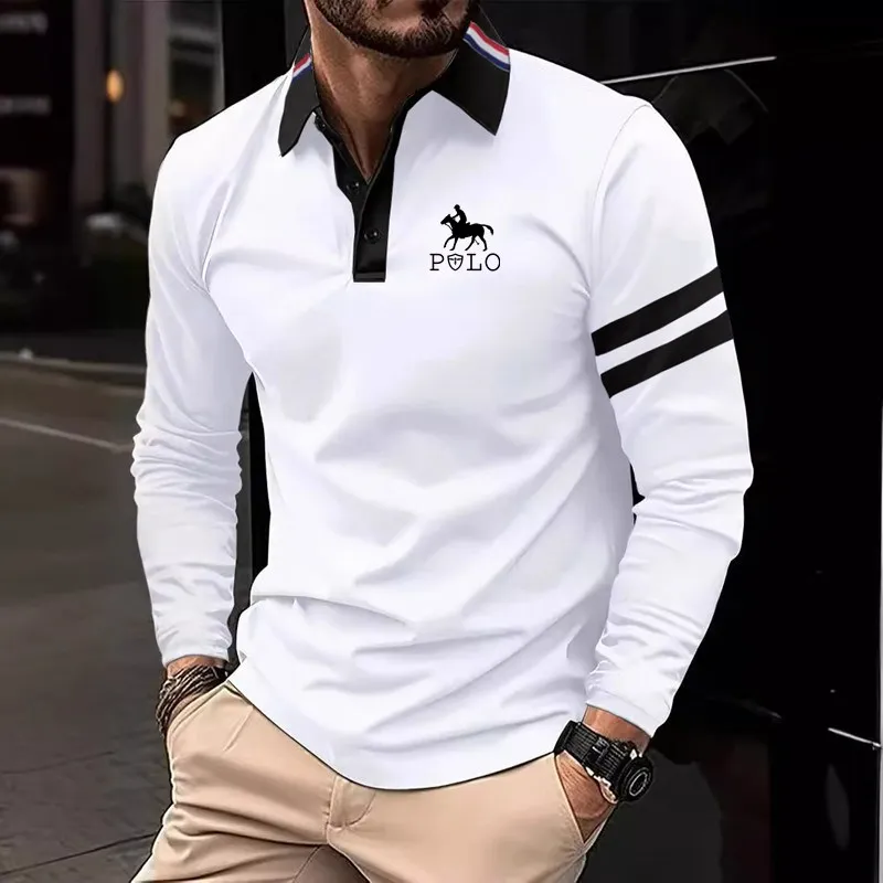 Autumn long sleeved casual polo shirt men's printed business casual shirt