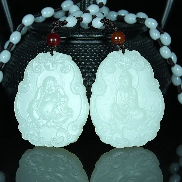 

White Jade Guanyin Buddha Gong Couple Necklace Pendant