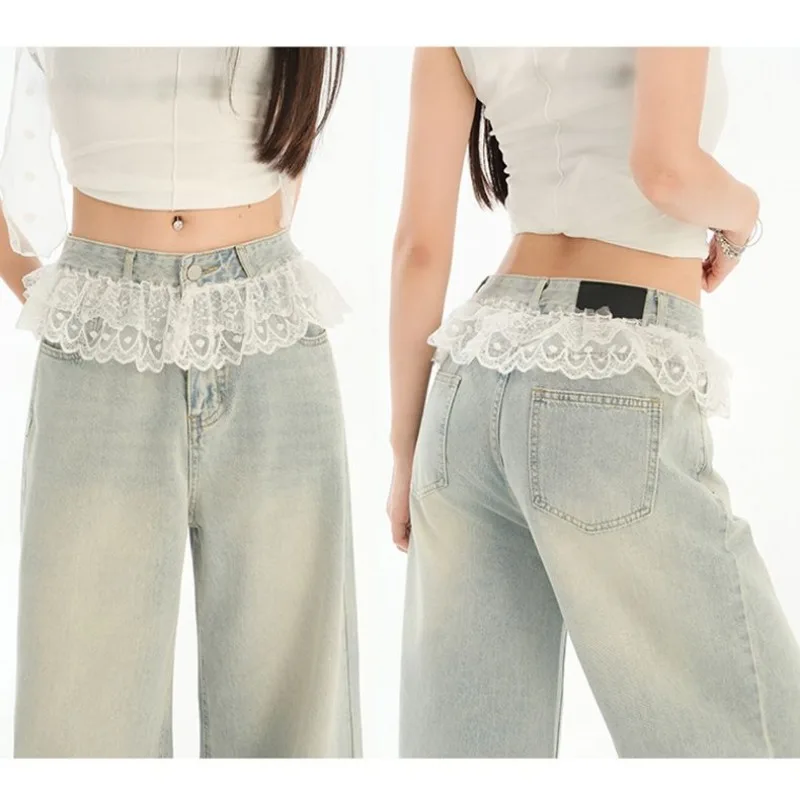 

Повседневные женские джинсы с кружевной отделкой и высокой талией, прямые широкие брюки, весна-лето, новые модные длинные брюки для женщин