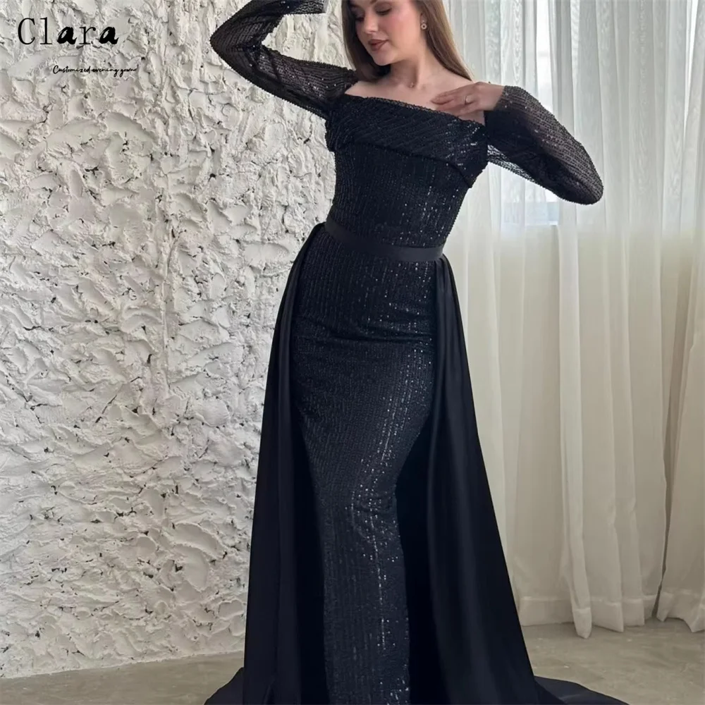 클라라 커스텀 블랙 피쉬테일 스퀘어 칼라 샤이니 럭셔리 여성 이브닝 드레스 럭셔리 2025 커브드 엘레강트 파티 드레스