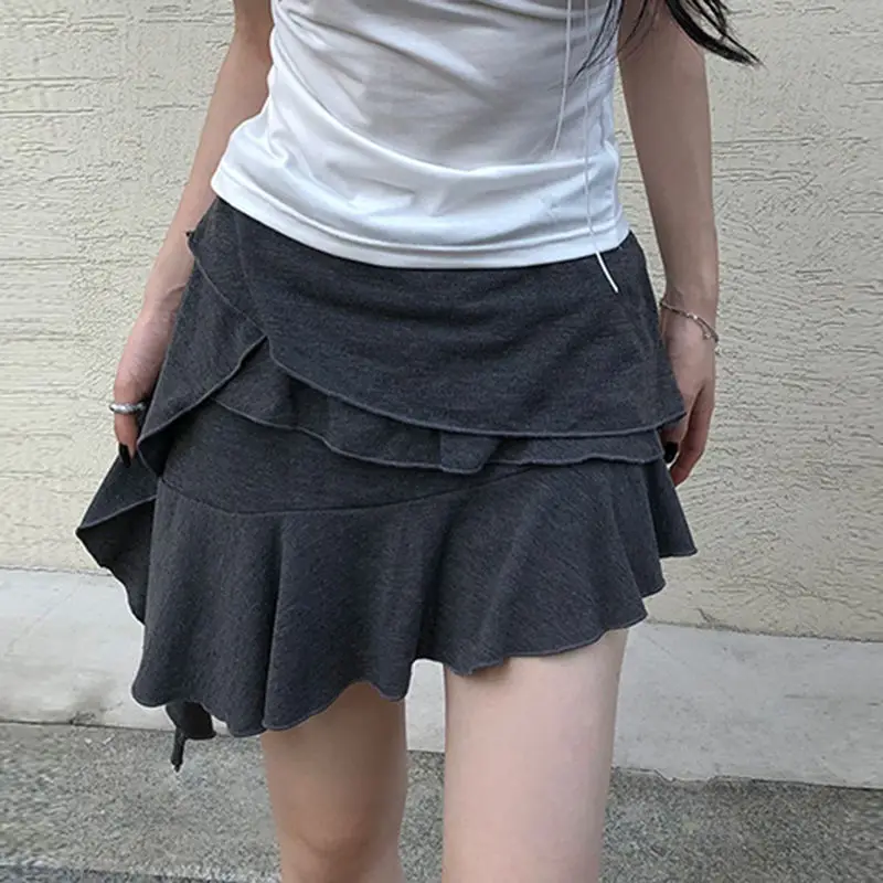 Short Skirt Irregular Ruffle Vintage High Waist Summer Black Asymmetric Apricot Skirt Women'S Dark Grey Streetwear Skirt