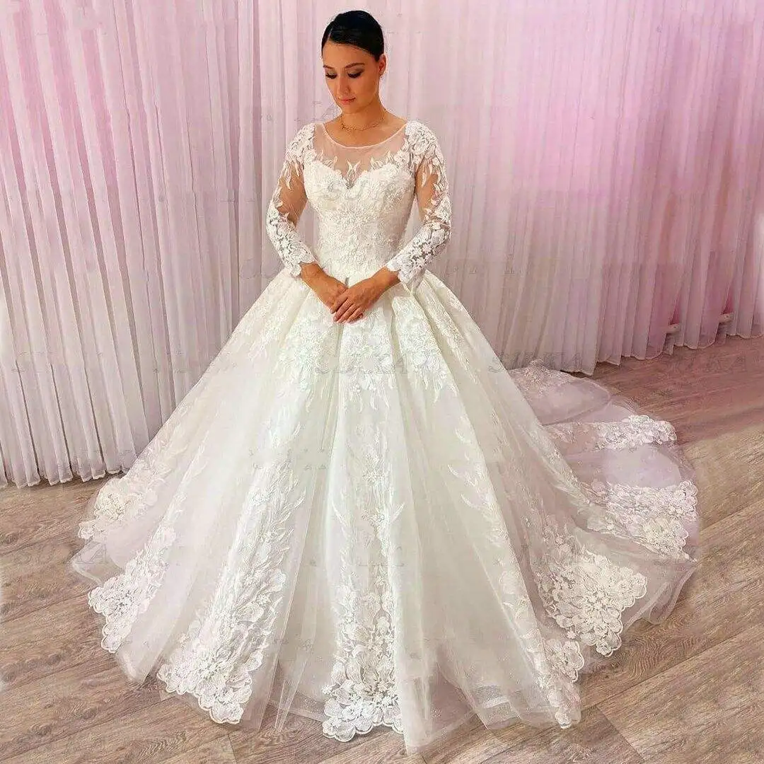 

Lorencia Romantic Long Wedding Dresses Long Sleeves Lace Appliques Beading Vintage Bridal Gowns For Women Robe De Mariee YAW12