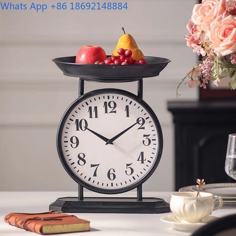 Industrial Style Metal Wall Clock with Matte Black Tray Stand Decorative Multi Tier Fruit Bowl for Home Office Decoration