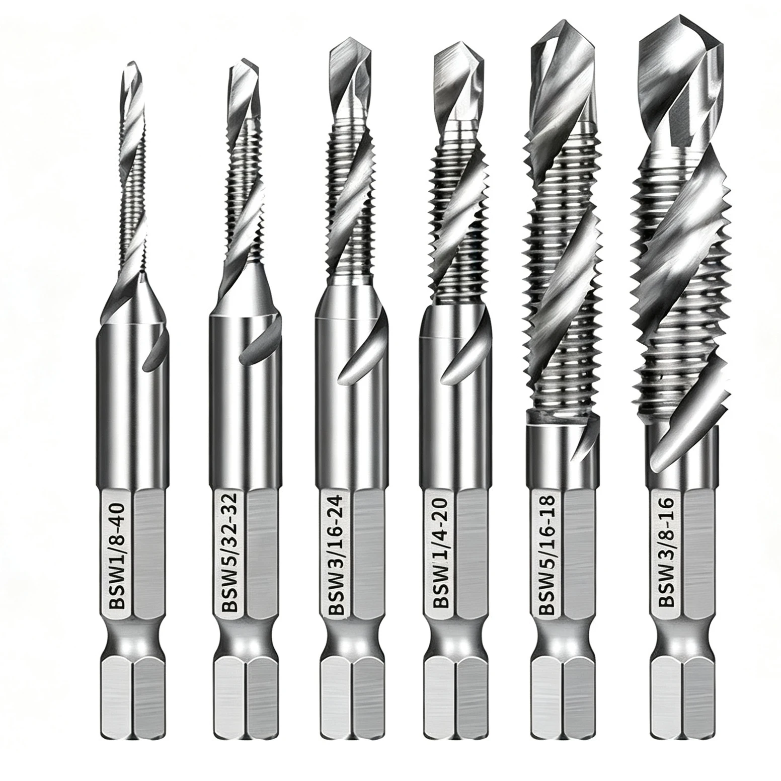 HSS Combination Drill and Tap Bits 6PC Set, Split Pointed Inch Size 1/8 5/32 3/16 1/4 5/16 3/8, 1/4 Hex Shank Spiral Twist Flut