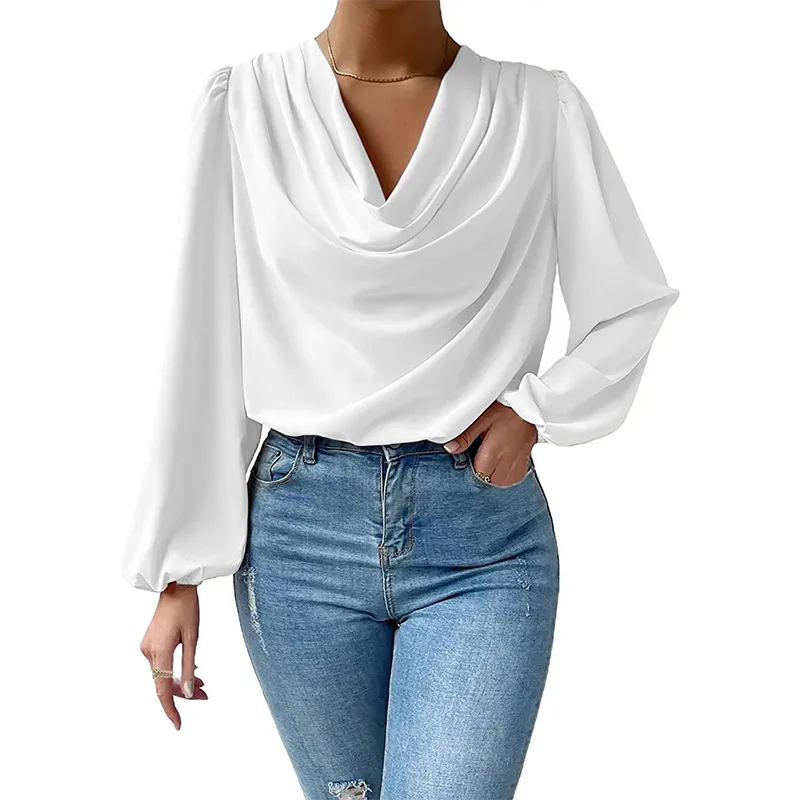 Blusa holgada de chifón para mujer, camisa de manga larga con cuello redondo, estilo informal, elegante, a la moda, para oficina, 2022, 23671