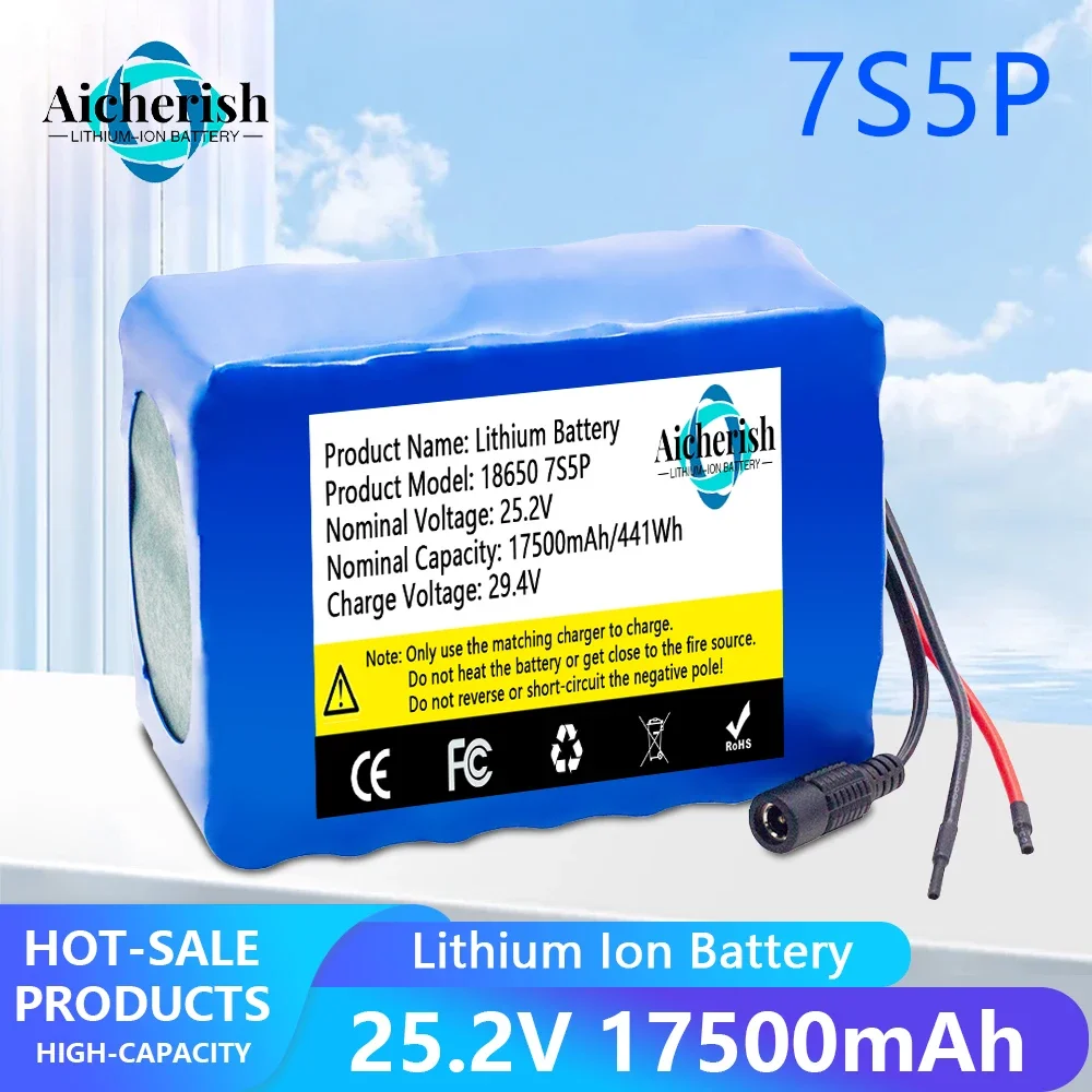 7S5P 24V 18650 Rechargeable Lithium Battery Pack 17.5Ah 500W 29.4V 15A BMS for Electric Bicycle Electric Scooter+ 2A Charger