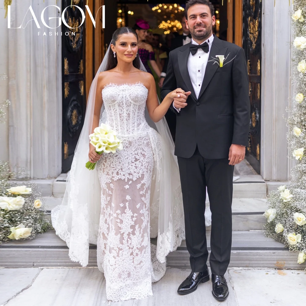Lagom Elegant White Sleeveless Strapless Mermaid Wedding Dress Long Train Corset Sheer Floral Lace Vestido de novia Customized