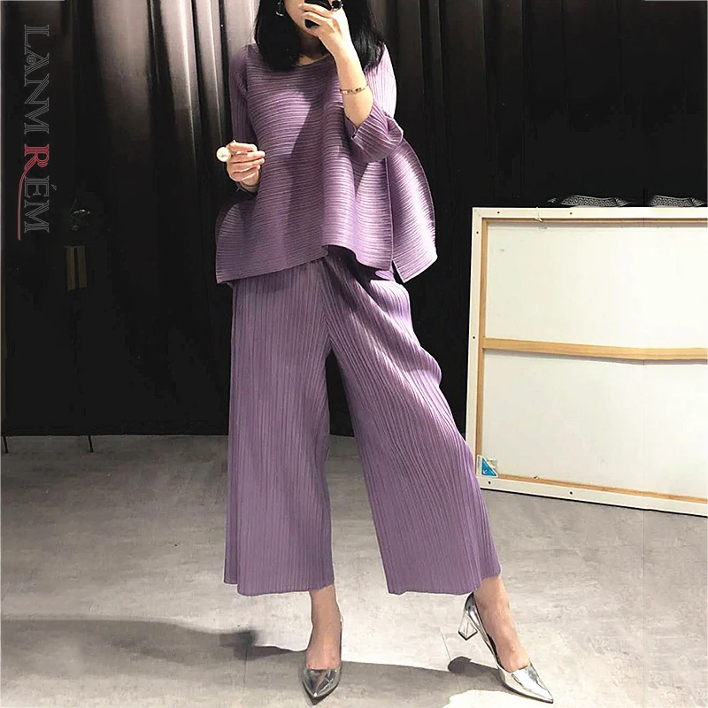 LANMREM 2024 new autumn 2 pieces set pleated O-neck three quarter sleeve pullover loose T-shirt female loose wide leg pants WG95