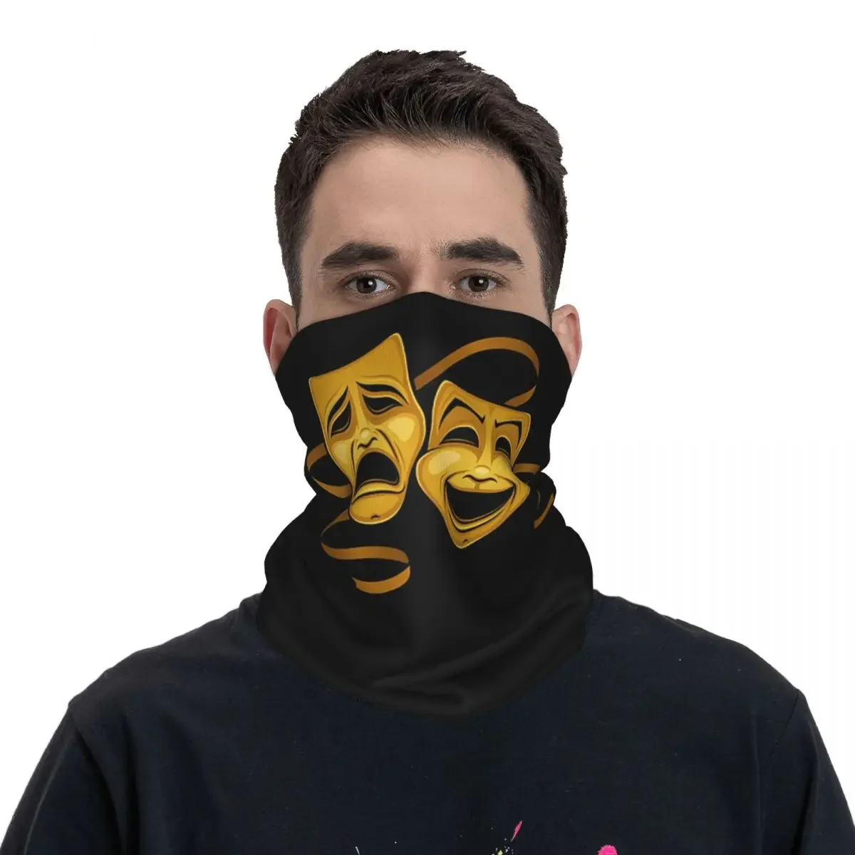 Gold Comedy And Tragedy Theaters Bandana Neck Cover Printed Face Scarf Warm Balaclava Cycling For Men Women Adult Breathable