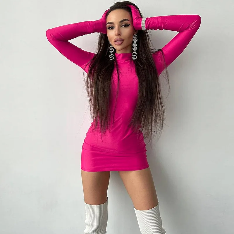 ​​2025 Women's Bodycon Dress Long Sleeve Round Neck Gloves Minimalist Solid Color Casual Outdoor Shift Dress Autumn Fashion​​