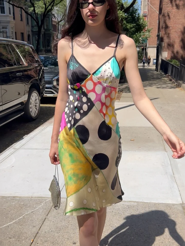 Kliou Colorful Patchwork Long Dress Woman Summer Trend Low-Neck Backless Sleeveless Hot Girls High Street Elegant Style Bodycon