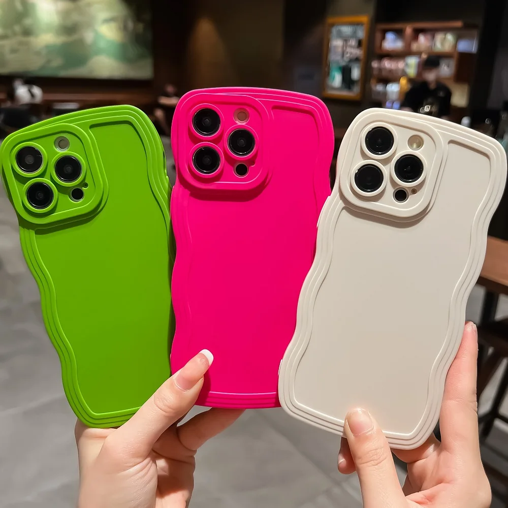 Fashion Cute Solid Curly Wave Phone Case For iPhone 15 14 13 12 11 Pro Max X XR XS 8 7 Plus SE 2022 Soft Shockproof Bumper Cover