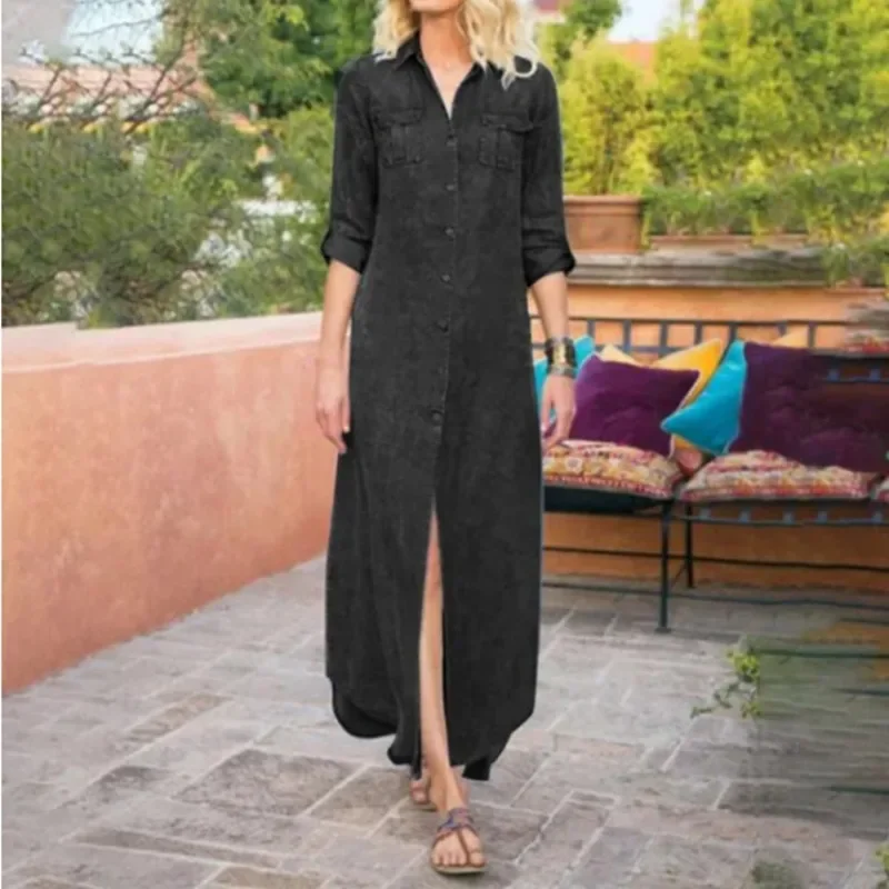 

Женское однотонное повседневное джинсовое длинное платье больших размеров с карманами, модное джинсовое свободное длинное платье с откидным воротником и пуговицами с длинными рукавами