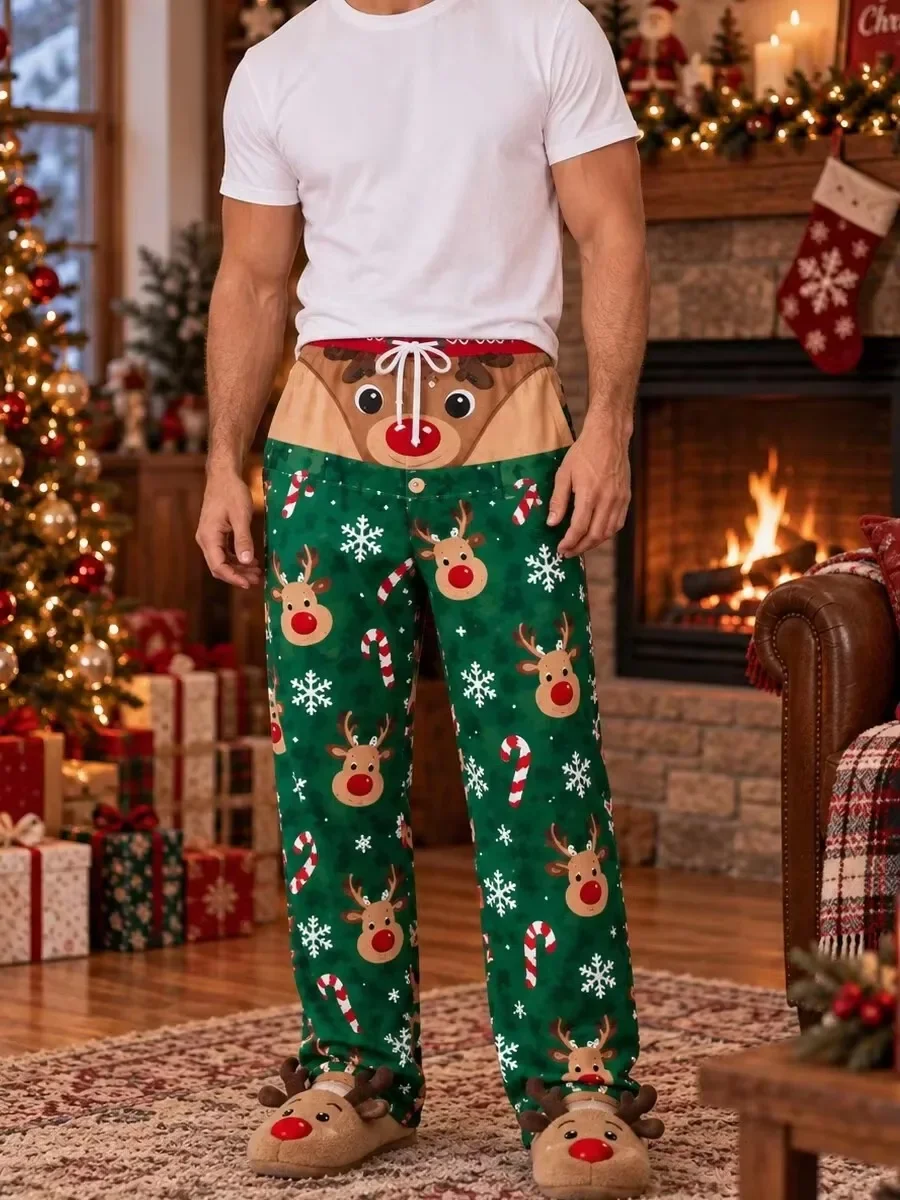 Men Christmas Open Back Lounge Pants Polyester 3d Print Santa Ho Ho Ho Snowflake Pattern Casual Loose Home Sleep Trousers
