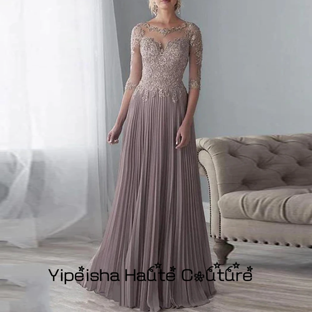 

Ohmmayby Chiffon Wedding Party Gowns 2022 New Summer Lace 3/4 Sleeve Mother Of Bride Dresses Scoop Pleat Women Dress Mère Forme