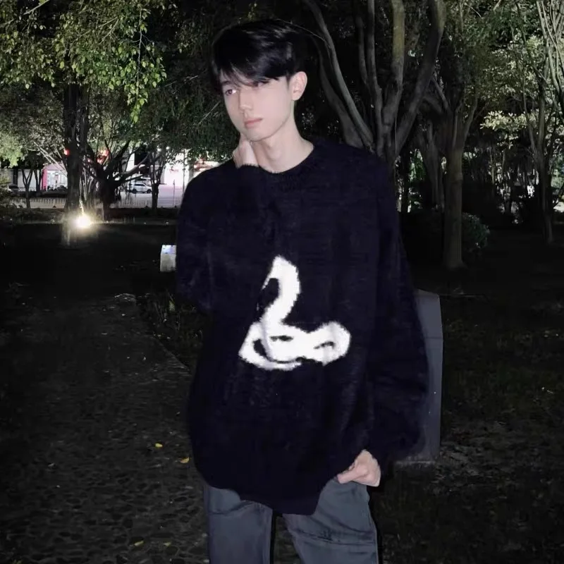 

Мужской свитер большого размера с круглым вырезом, вязаный, с узором под змеиную кожу, из искусственного меха, осенне-зимний, новый, с воротником-бомбер, длинный рукав