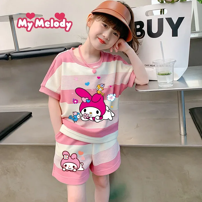 

My Melody Summer Clothing Set Cute Child Short Sleeve Cute Girl Home Sleepwear Cotton Baby Clothes Princess T Shirt Shorts Gift