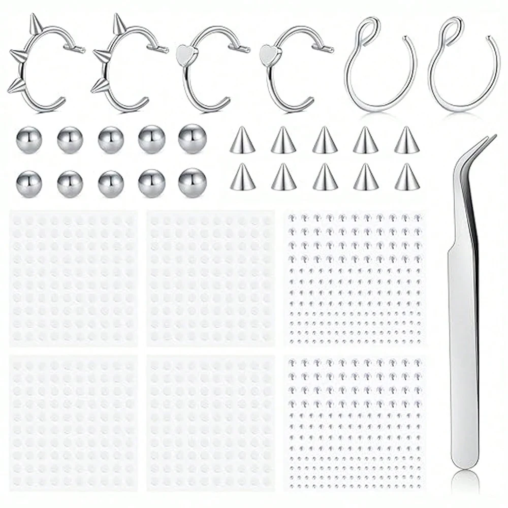 33pcs/Set Fake Lip Ring And Nose Piercing Set - Ball Spike, Hoop, Stud, Stick-On Bridge And Eyebrow Ring Halloween Gift