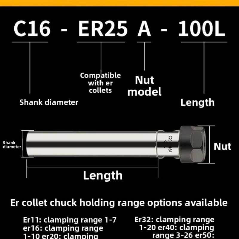 ER Extension Rod Type A with Square Nut Lengthened Shank Multi-hole Drill Shaft C10-ER11 ER16 ER20