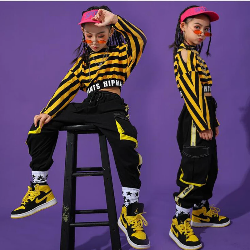 Tactical Cargo Pants For Girls Jazz Dance Costume  Clothes street Wear Kids Performance Hip Hop dance Outfits stripe Sweatshirt